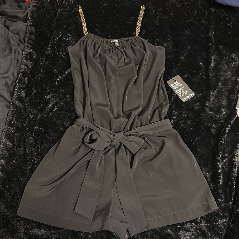 Express Silky Black Romper with Chain Straps